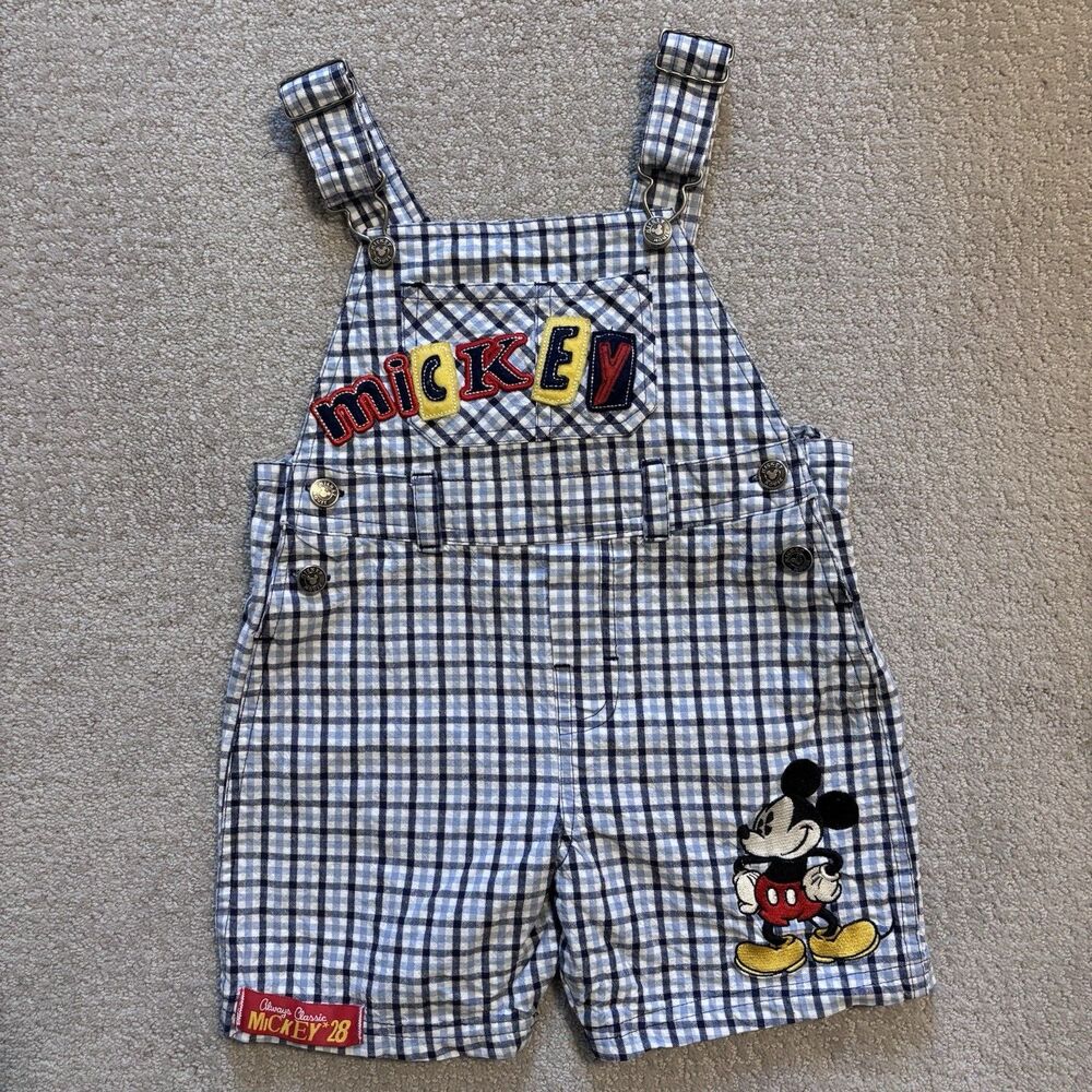 Vintage Disney Mickey Mouse Y2K Plaid Embroidered 3T Overalls Shorts Shortalls